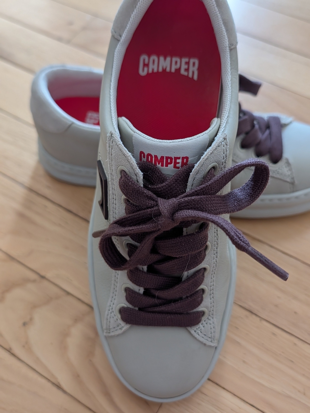 Camper Low-Top Sneakers in Light Gray with Plum Laces